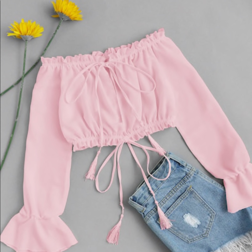 Off Shoulder Drawstring Crop Top - Picture 3 of 4